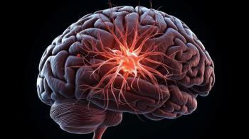 Side view of brain with orangish tentacled image in center representing tumor | @kaliel stock.adobe.com