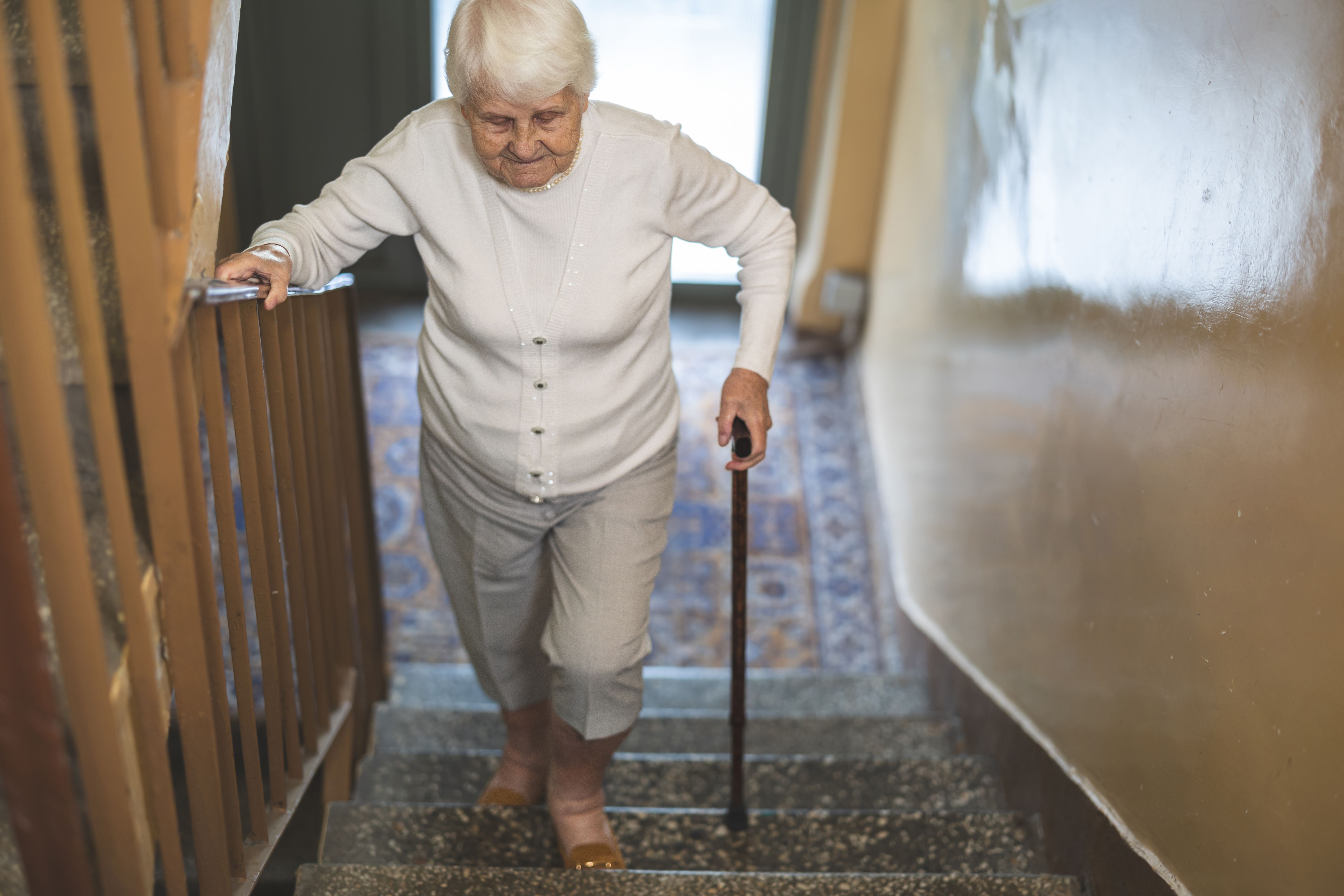 woman with a cane climbing stairs | image credit: ©Pikselstock stock.adobe.com