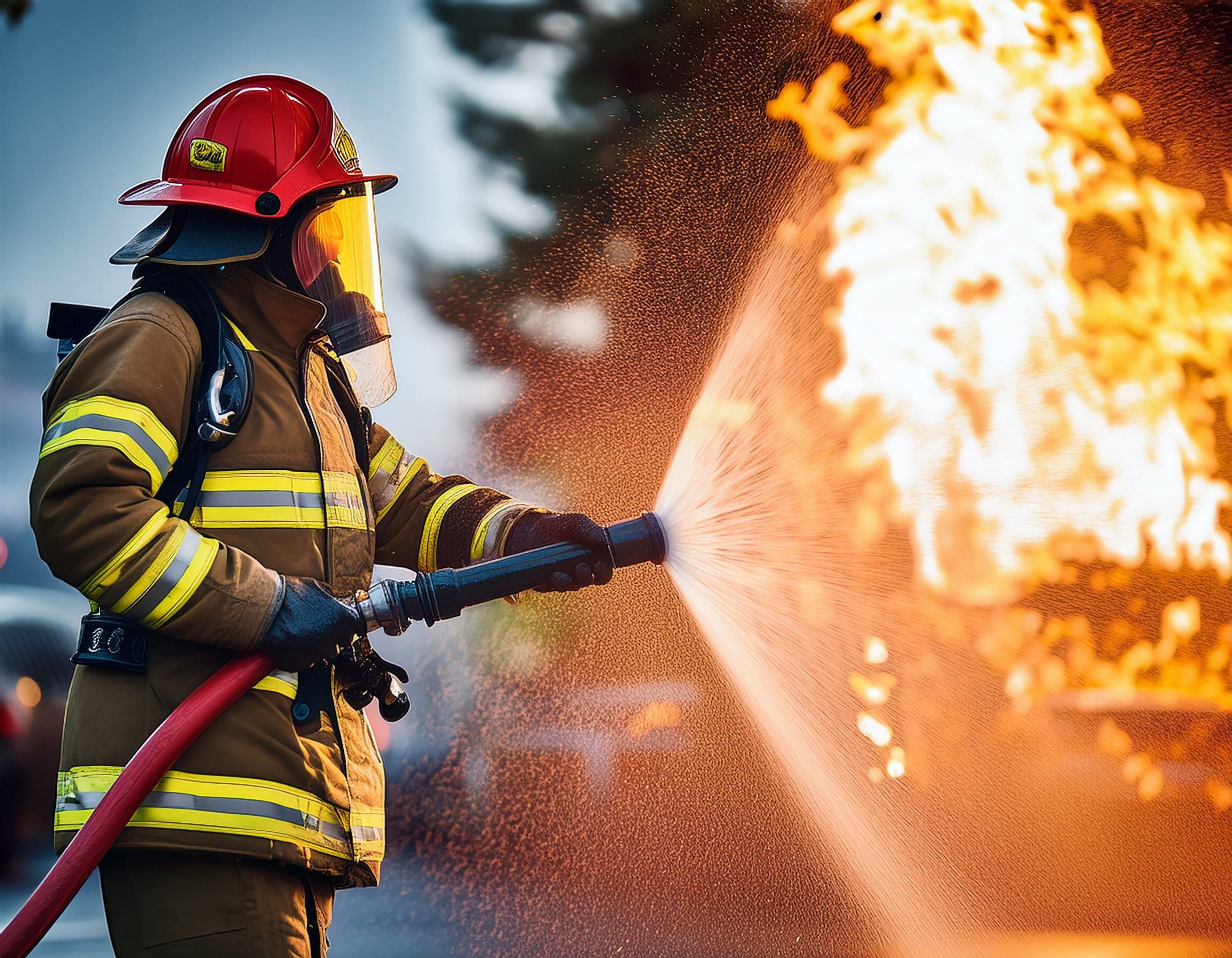 Woman fire fighter spraying water on fire | image credit: @willard stock.adobe.com