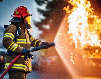 Woman fire fighter spraying water on fire | image credit: @willard stock.adobe.com