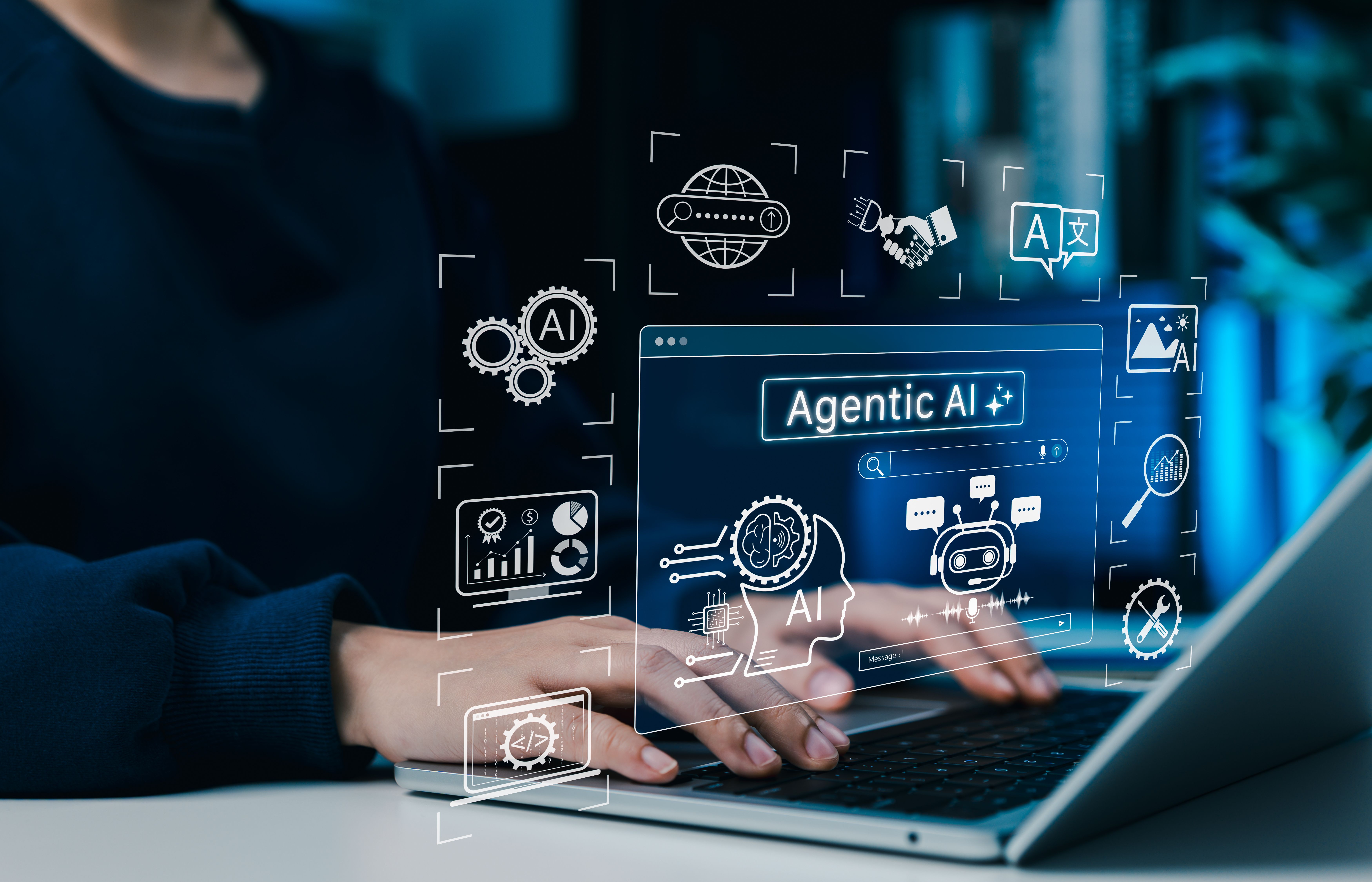 woman at laptop with AI icons floating, including the word Agentic AI | image credit: © Sandwish stock.adobe.com