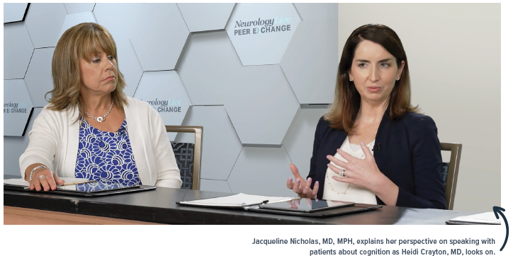 Jacqueline Nicholas, MD, MPH, explains her perspective on speaking with patients about cognition as Heidi Crayton, MD, looks on.