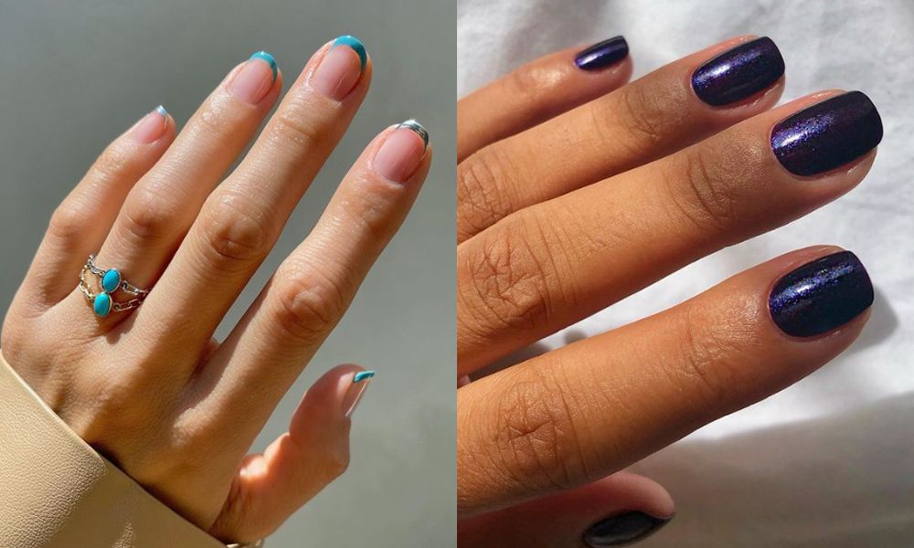 side by side images of december manicures