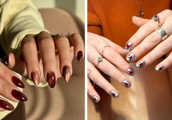 Side-by-side image of Diet Coke–inspired nail art featuring glossy cola-brown shimmer nails and chrome silver nails with red star accents on short and almond-shaped manicures