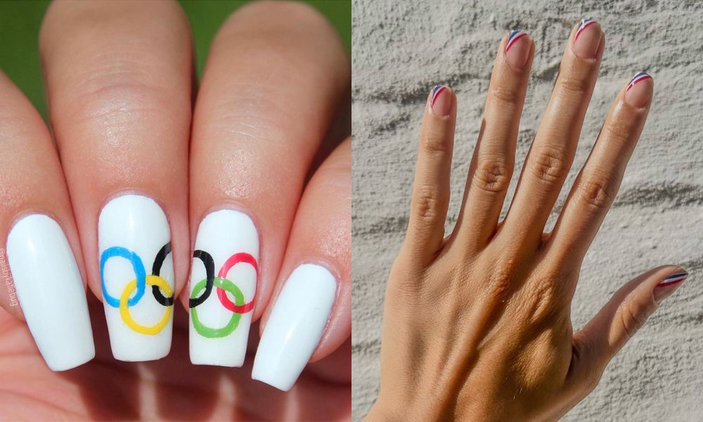 side by side images of Olympic-themed manicures