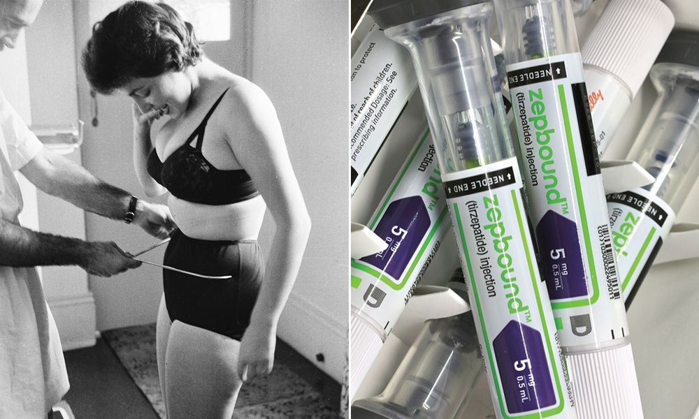 woman getting waist measurement in the 1950s and syringes of zepbound