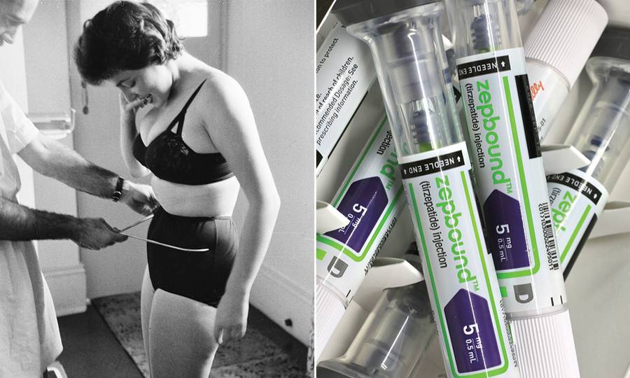 woman getting waist measurement in the 1950s and syringes of zepbound