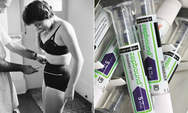 woman getting waist measurement in the 1950s and syringes of zepbound