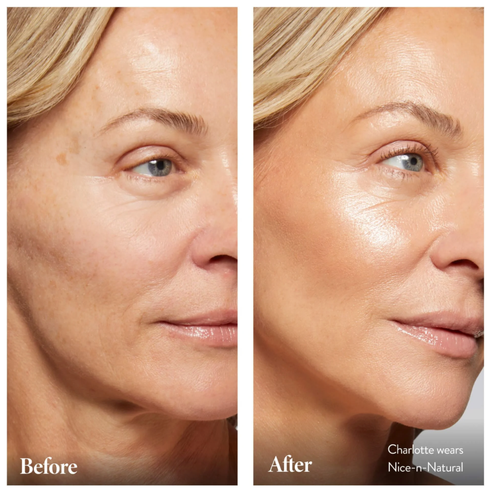 a before and after of Laura Geller Beauty Wonder Balm in Nice N' Natural