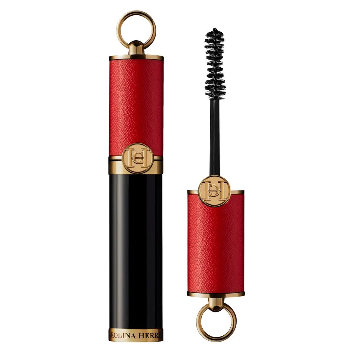 Carolina Herrera mascara in red leather case with gold ring, designed as a luxury beauty keychain bag charm