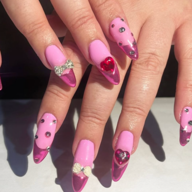 pink on pink nails with rhinestones and bows