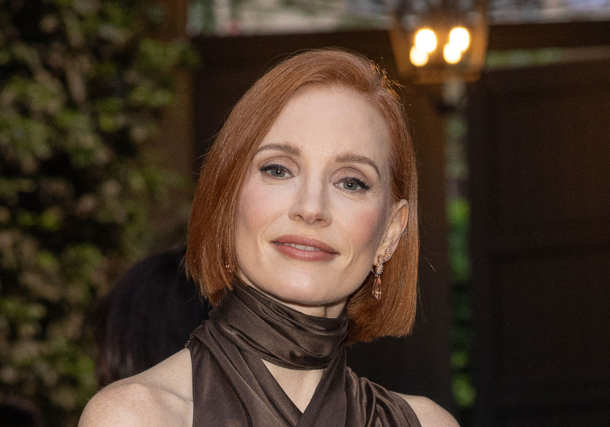 Jessica Chastain with a sleek, structured bob haircut with a deep side part
