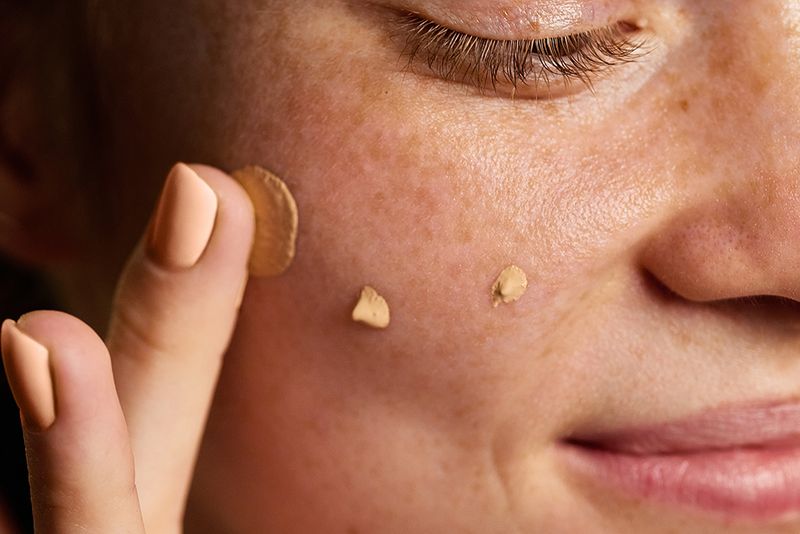 Soft glam. Macro view of smiling woman applying foundation dots on freckled cheek. Concept of skincare advertising, product demo, beauty editorial, cosmetic application techniques.