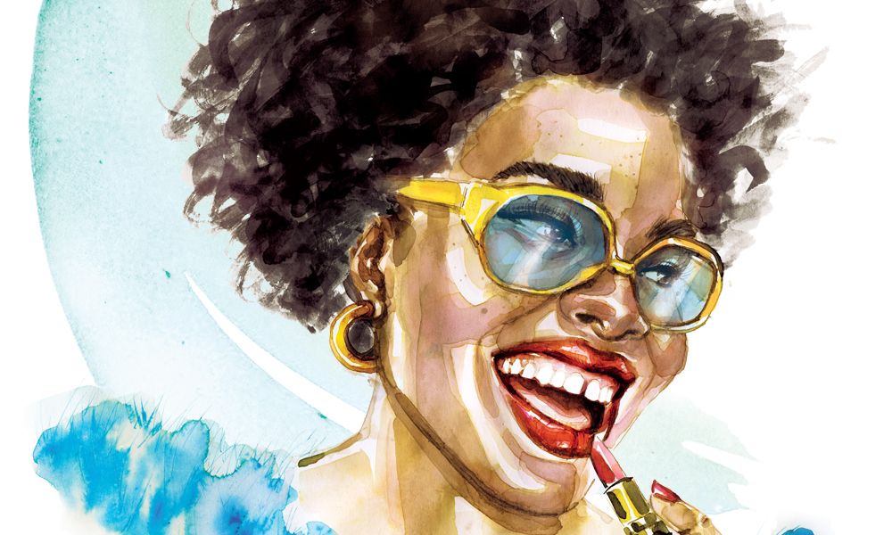 illustration of happy black woman applying lipstick