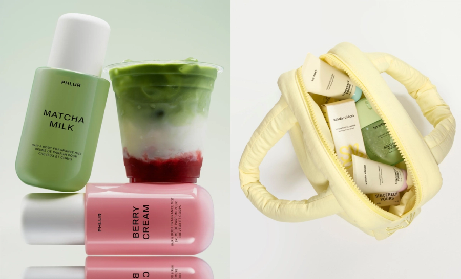 Phlur Matcha Milk and Berry Cream fragrance mists beside a matcha latte, next to a yellow pouch of Sincerely Yours skincare.