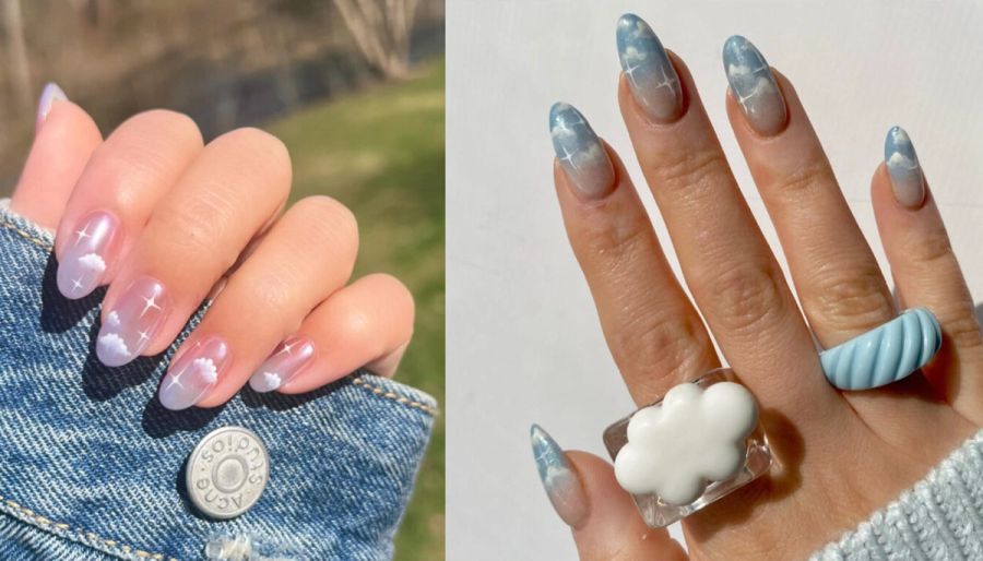 A collage of two images side-by -ide with two women's hands showcasing their cloud nail designs