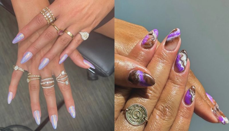 A collage of two images -- each with a woman's hands touching and showing off her manicure design