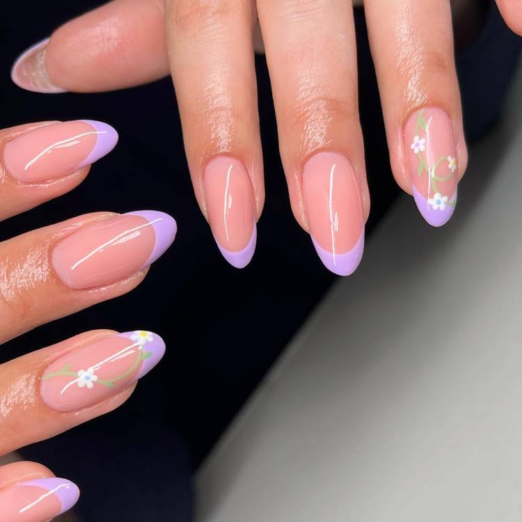 Lavender French with floral accent nail