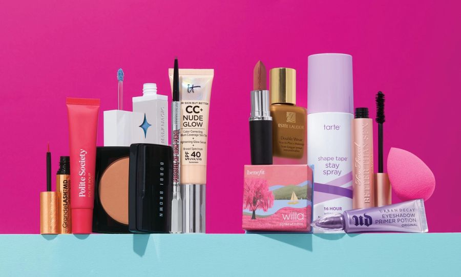 various beauty products stages on a pink and blue set