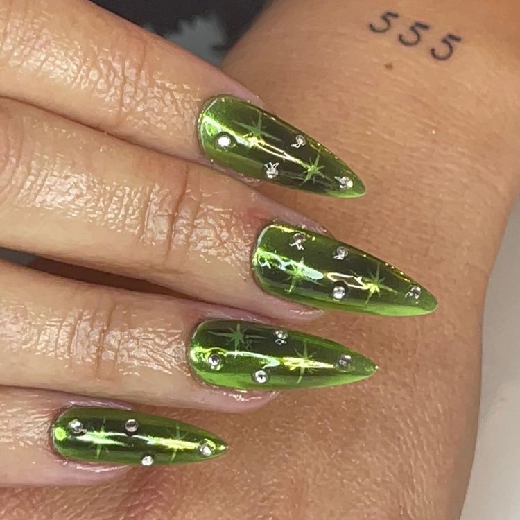 Starry Night Green Chrome Nails