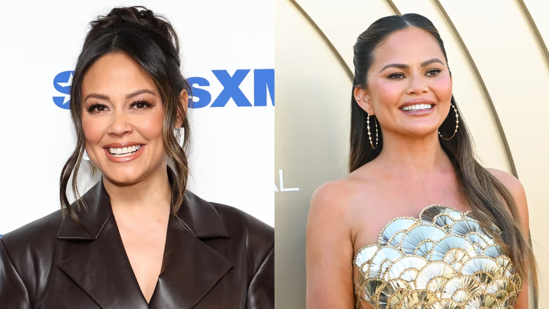Vanessa Lachey (left) and Chrissy Teigen (right) both smiling on separate red carpets.