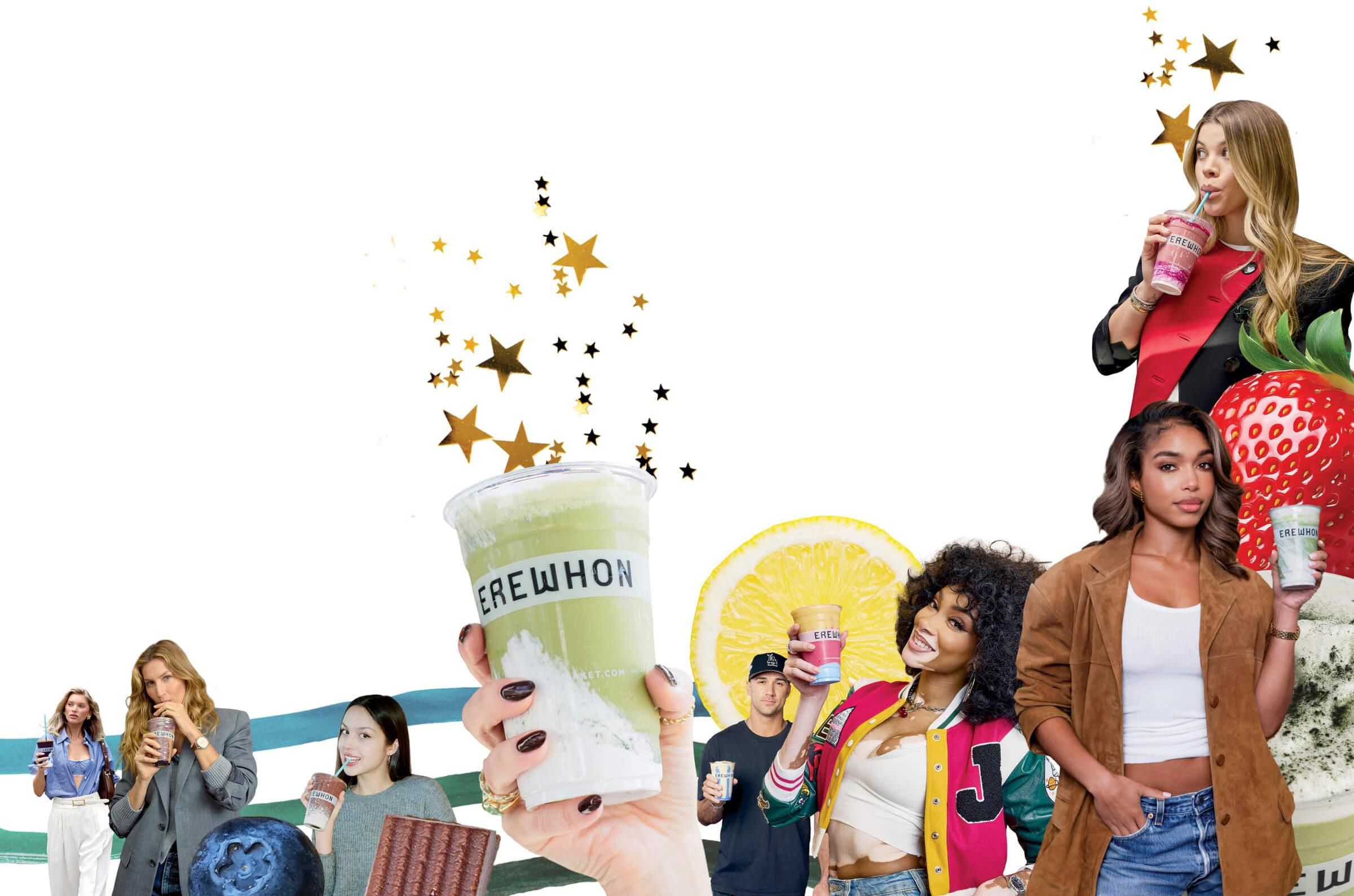 Collage of celebrities drinking Erewhon smoothies