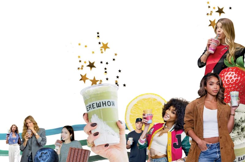 Collage of celebrities drinking Erewhon smoothies