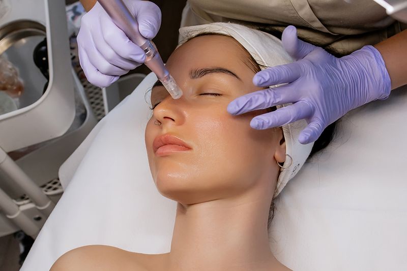 Woman receiving a professional microneedling treatment at a cosmetology clinic. A beautician in gloves is using a dermapen device on the client's face for skin rejuvenation and collagen stimulation