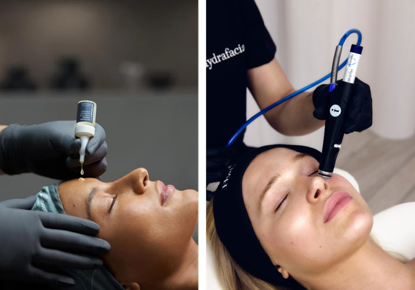 Split image showing a patient receiving the Dermalogica PRO Exo Booster treatment alongside another patient undergoing a Hydrafacial, featured in a roundup of 2026 NewBeauty Award-winning in-office aesthetic treatments.