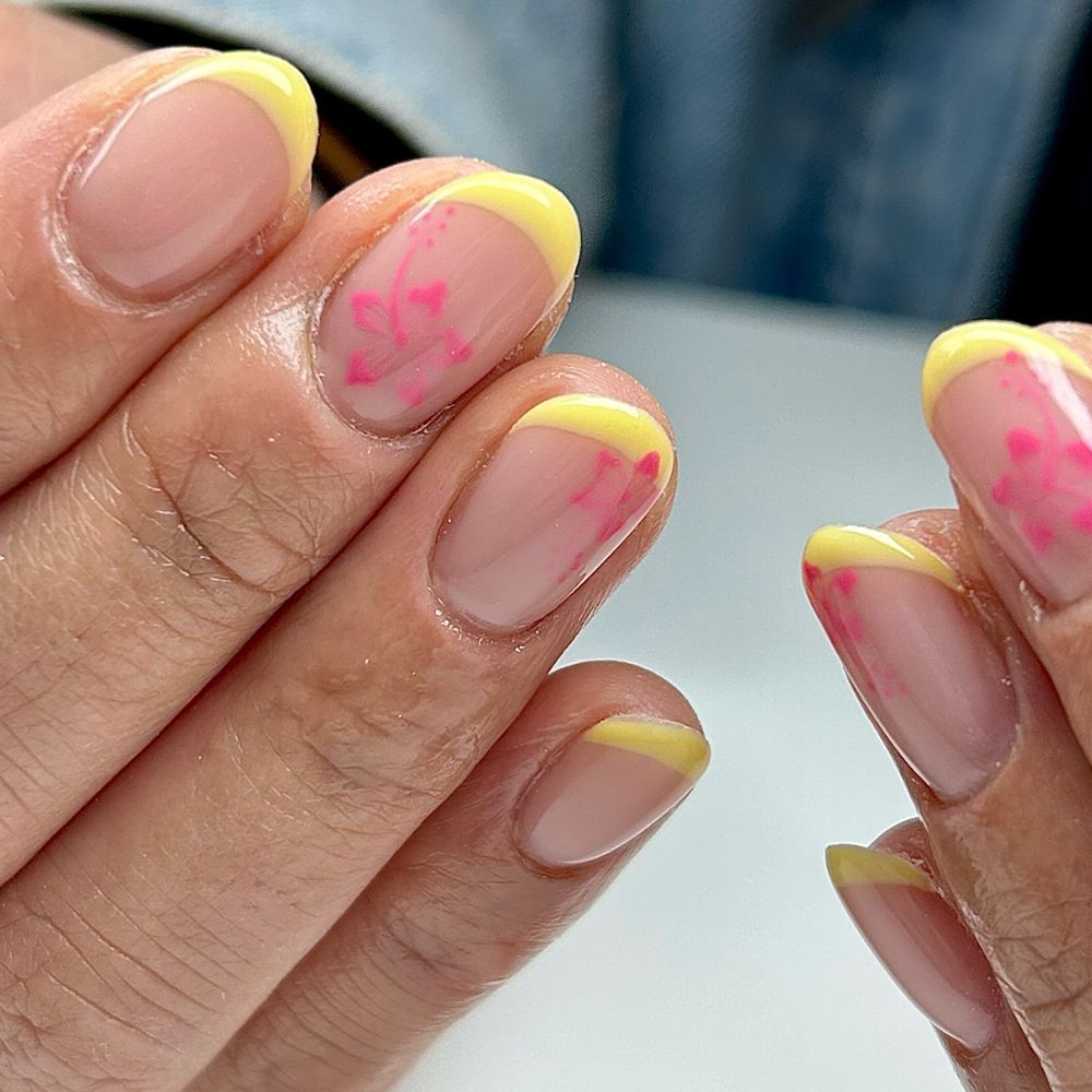 Butter Yellow and Hibiscus French Manicure