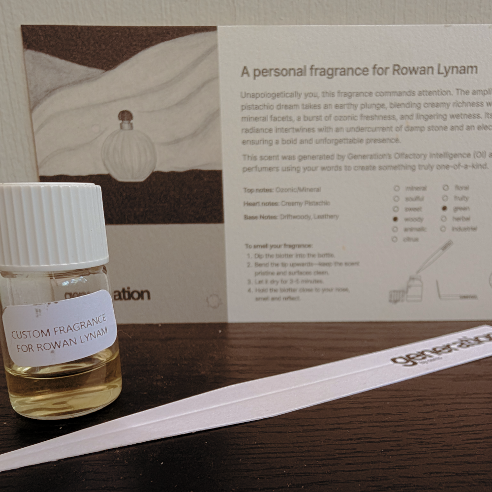 AI created perfume with scent blotter and scent profile