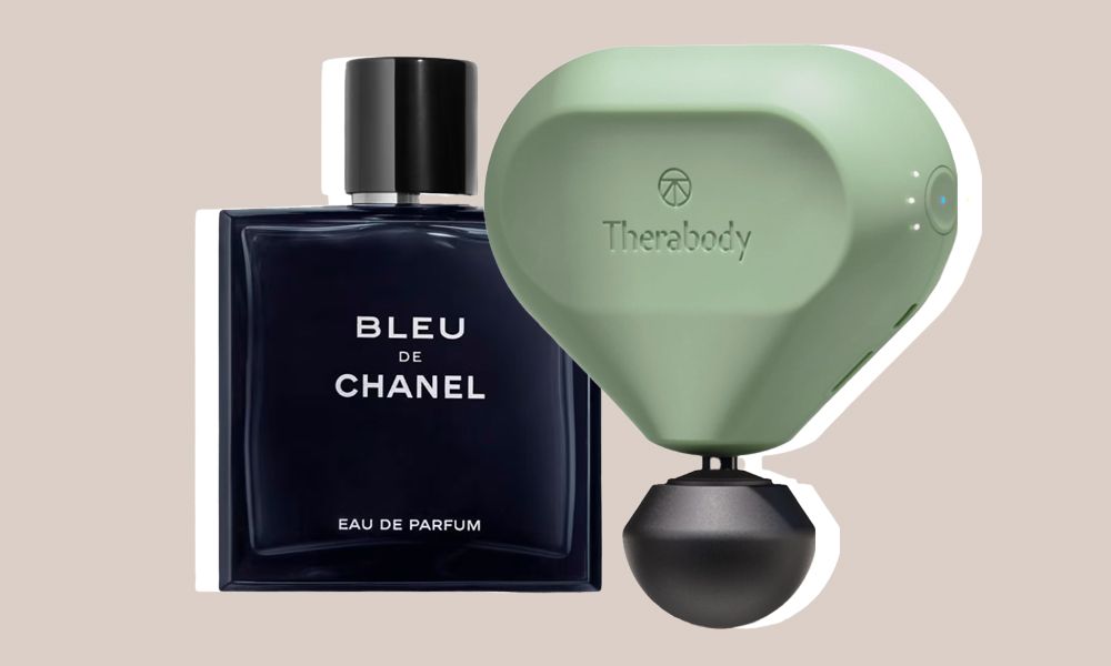 bleu de chanel perfume and therbody mini massager