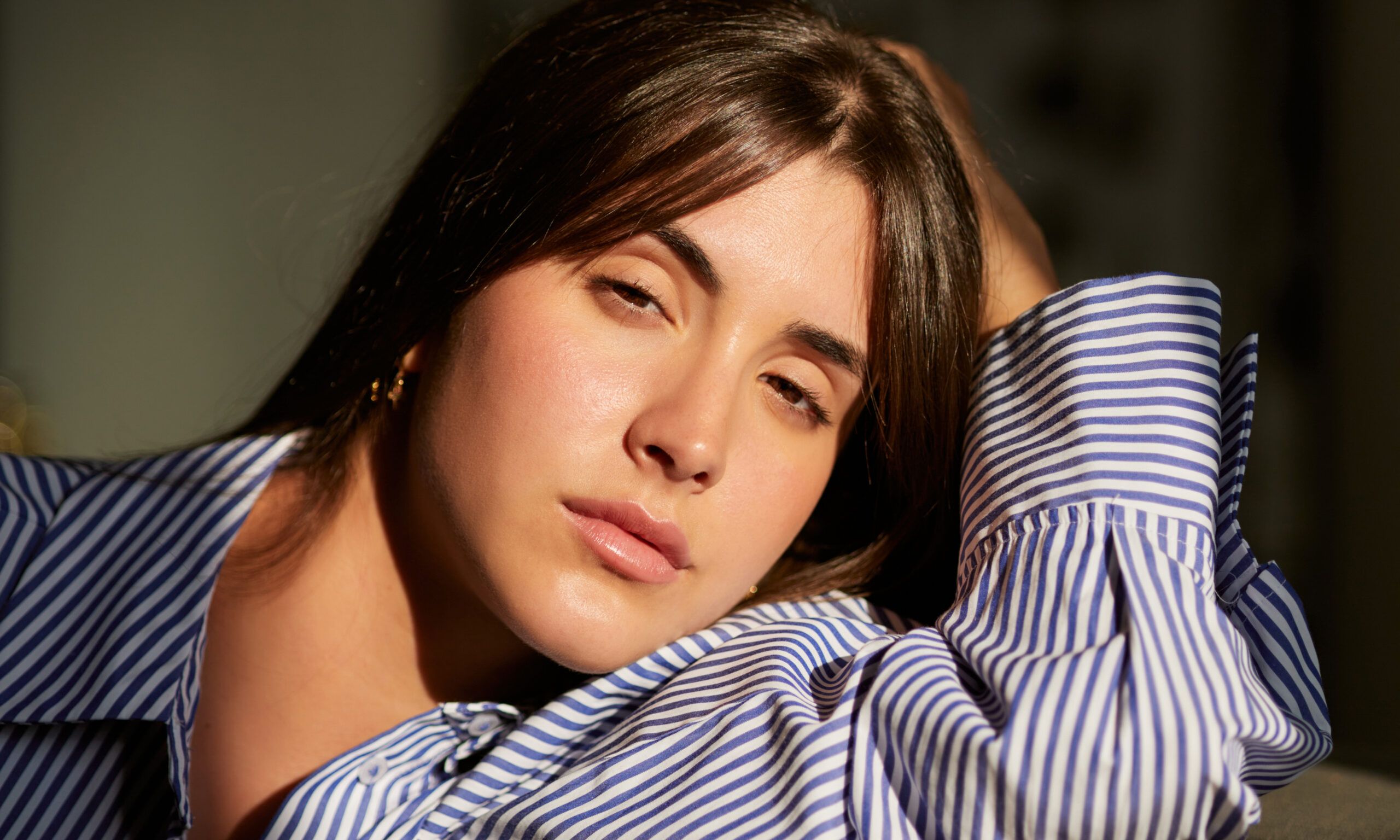woman face portrait striped shirt