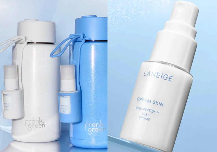Laneige and frank green water bottles in white and blue with mini Cream Skin Mist bottles clipped on, alongside a close-up of the Laneige Cream Skin Mist