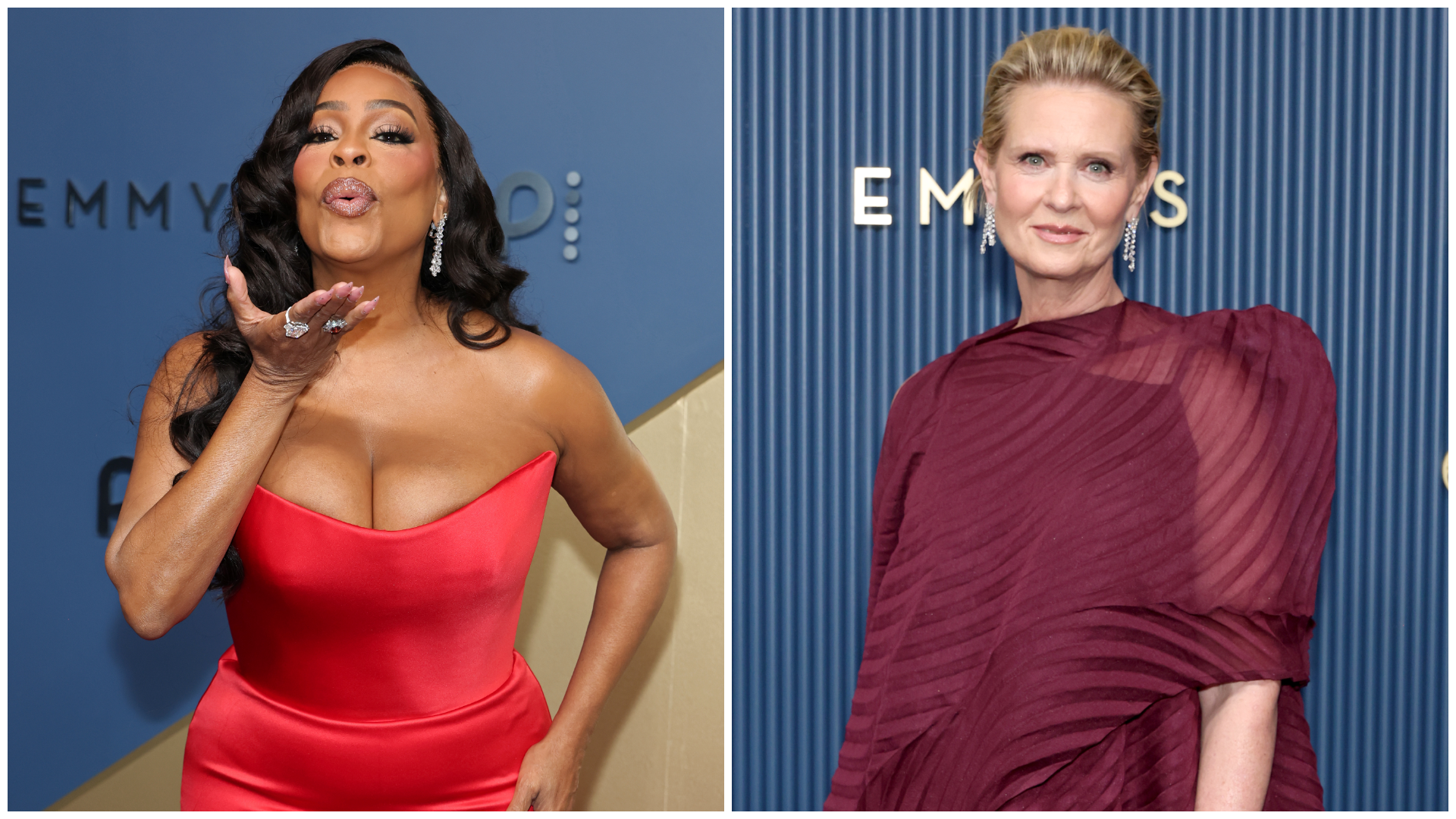 Niecy Nash-Betts in a red gown and Cynthia Nixon in burgundy on the 2026 Emmy Awards red carpet.