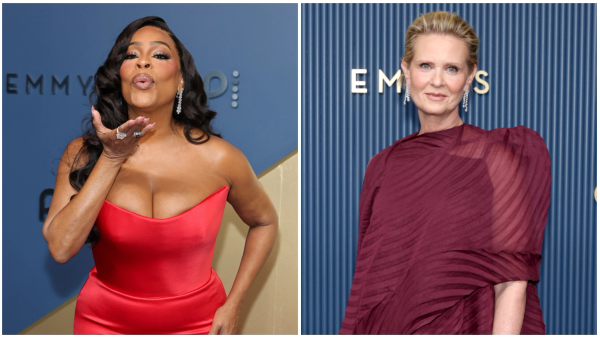 Niecy Nash-Betts in a red gown and Cynthia Nixon in burgundy on the 2026 Emmy Awards red carpet.