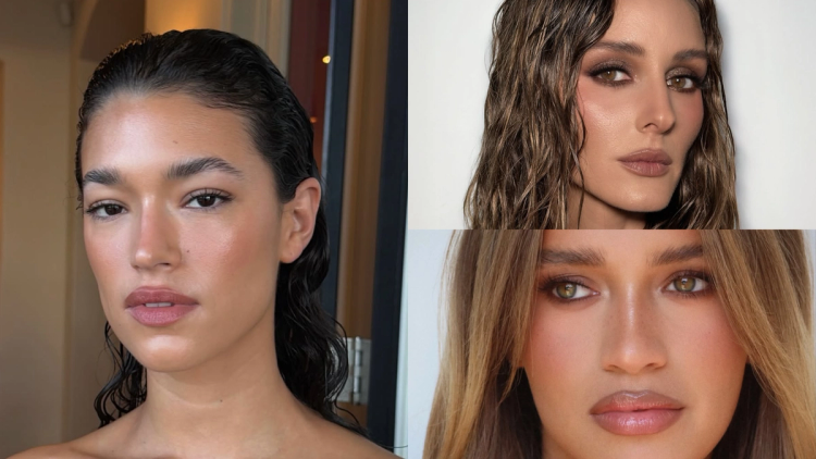 Collage of three close-up fall makeup looks featuring glowing skin, neutral lips and warm brown eye makeup, ranging from soft minimal makeup to smoky and terracotta-toned eyes.