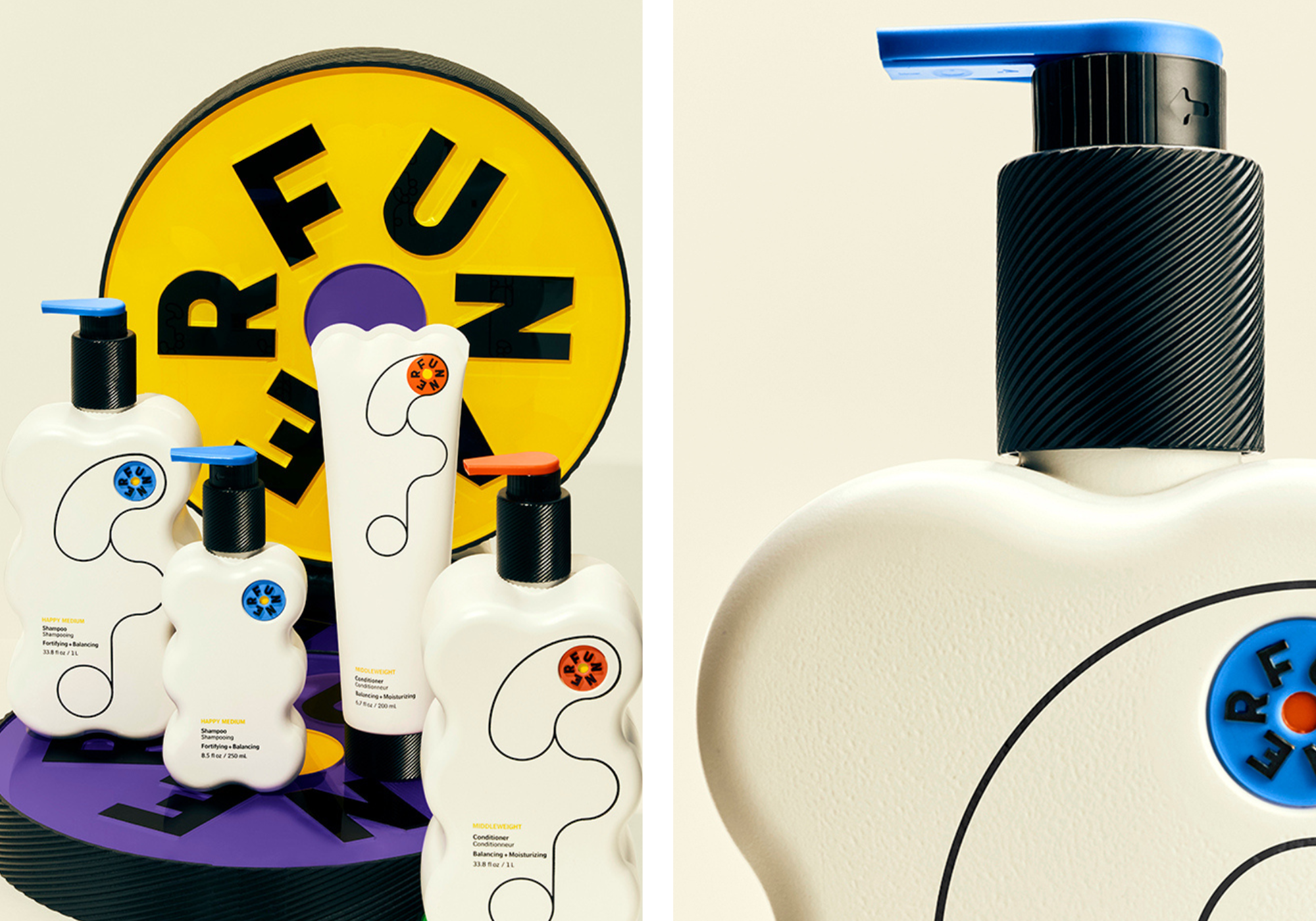 Funner hair-care products, including shampoo and conditioner bottles with blue and orange pump tops—arranged in a colorful, graphic setup with a bold yellow circular backdrop and a close-up detail of the bottle design on the right