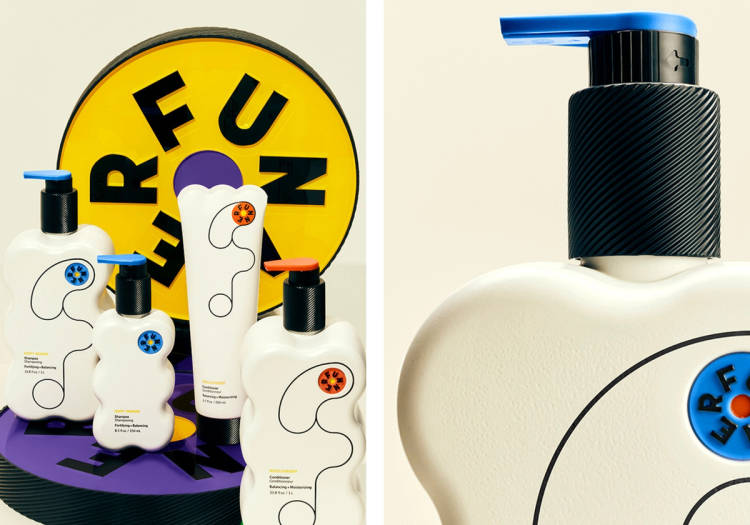 Funner hair-care products, including shampoo and conditioner bottles with blue and orange pump tops—arranged in a colorful, graphic setup with a bold yellow circular backdrop and a close-up detail of the bottle design on the right