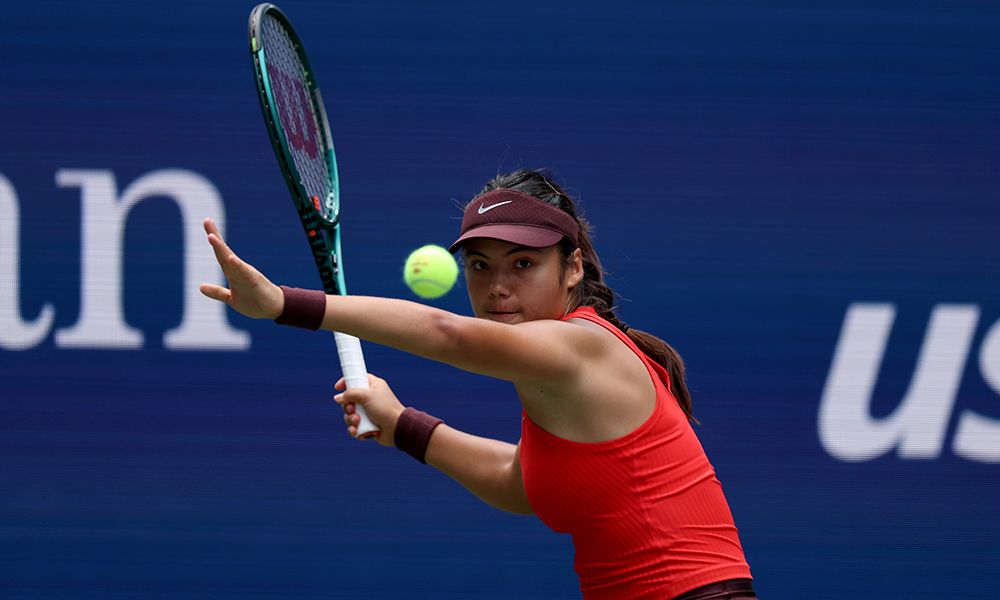 NEW YORK, NEW YORK - AUGUST 24: Emma Raducanu of Great Britain returns against Ena Shibahara of Japan during their Women's Singles First Round match on Day One of the 2025 US Open at USTA Billie Jean King National Tennis Center on August 24, 2025 in the Flushing neighborhood of the Queens borough of New York City.