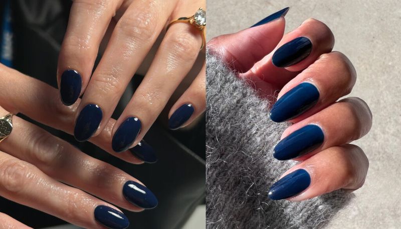 A collage of two photos side by side: on the left, a close up of woman's hands with a ring on each finger; on the right side, a close up image of a woman's navy nails and the sleeve of her sweater