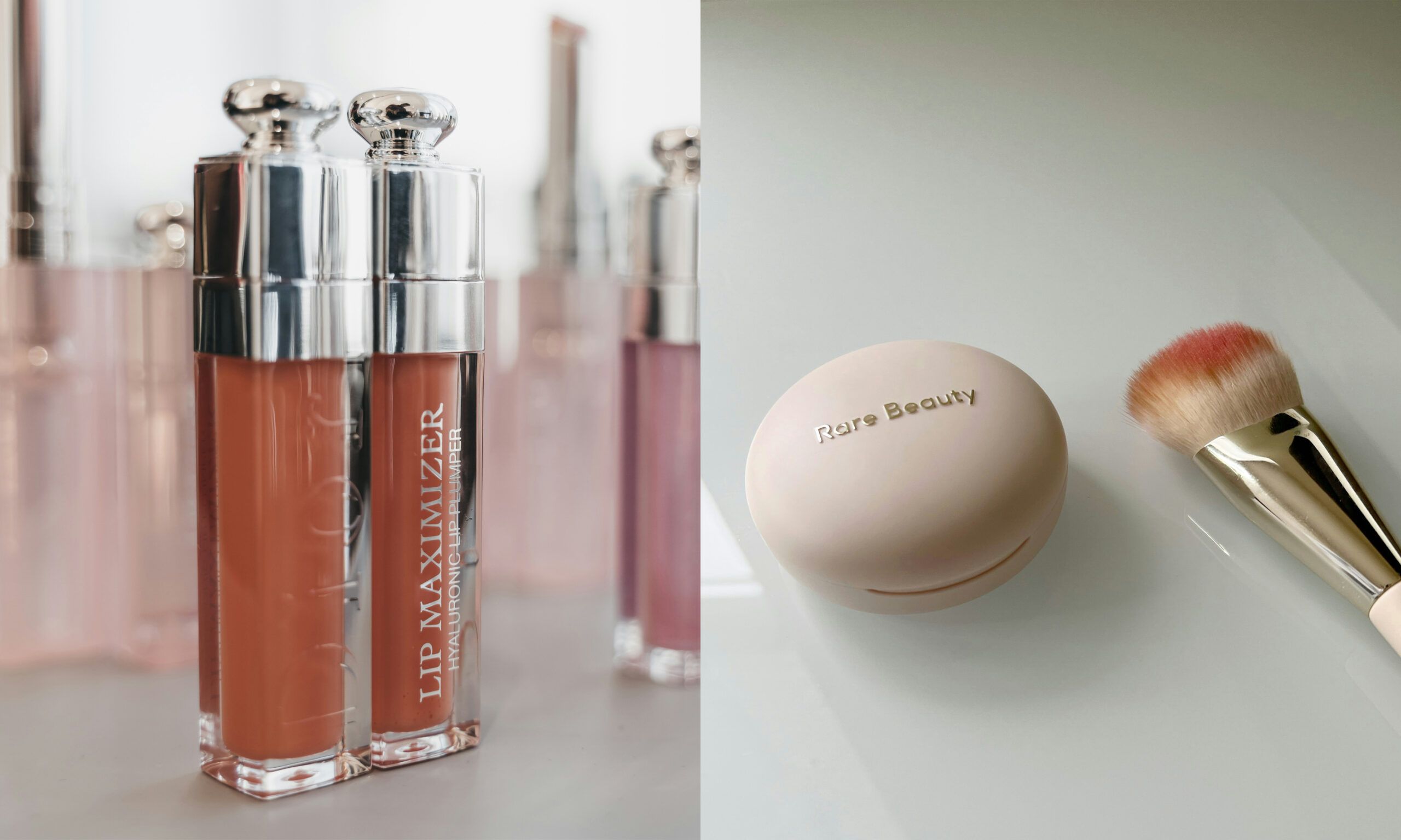 side by side images of Dior and Rare Beauty makeup products