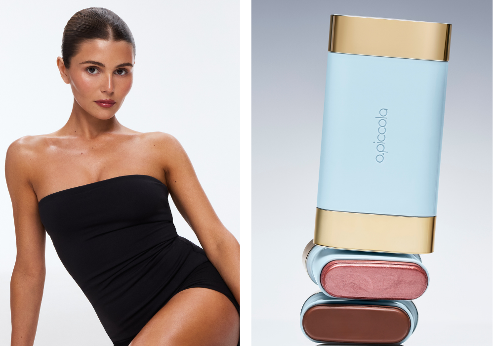 Olivia Jade poses beside o.piccola’s dual-ended Bronze & Glow Balm, featuring bronzer and highlight shades in the brand’s blue-and-gold packaging.