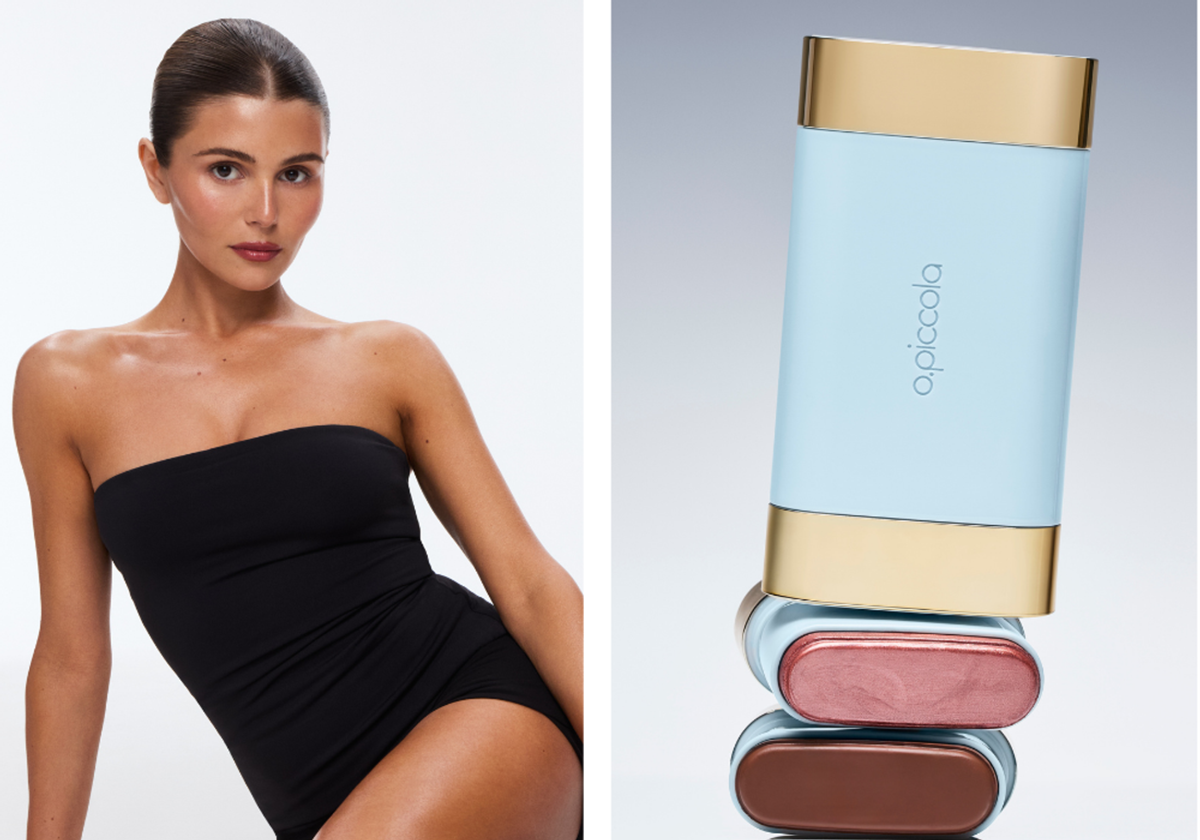 Olivia Jade poses beside o.piccola’s dual-ended Bronze & Glow Balm, featuring bronzer and highlight shades in the brand’s blue-and-gold packaging.