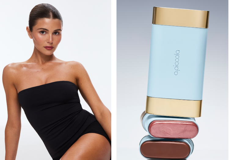 Olivia Jade poses beside o.piccola’s dual-ended Bronze & Glow Balm, featuring bronzer and highlight shades in the brand’s blue-and-gold packaging.