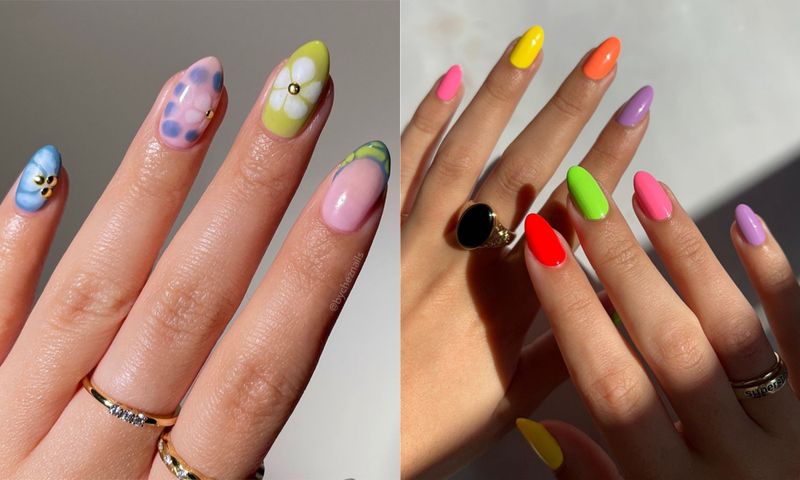 side by side images of manicures with different color nail polishes