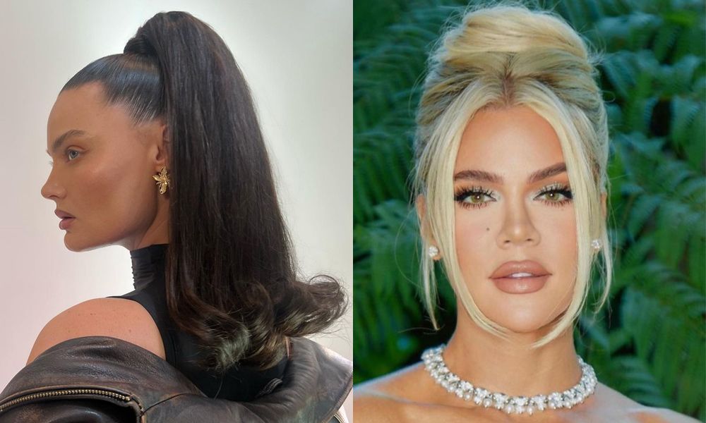 Side by side image of model and Khloe Kardashian with updo hairstyles