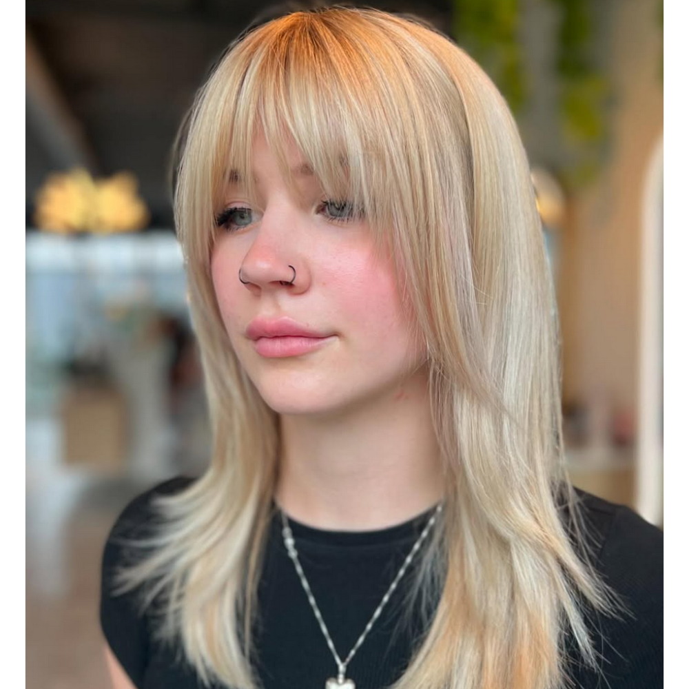 woman with polished shag haircut