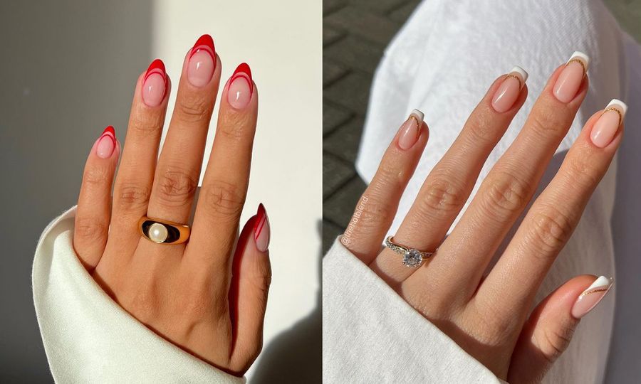 side by side images of hands with double french manicures