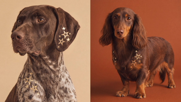 Two dogs wearing gold star patches on their fur: a brown and white dog on the left and a long-haired dachshund on the right.